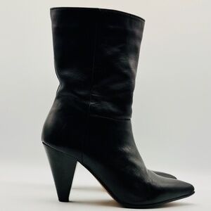 L'Intervalle Black Leather Mid-height 3.5" Cone Heel Boot, Women's Size 6.5 / 37